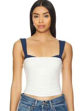 Free People 2 Tone White/Blue Cotton Blend Ruched Tank Top